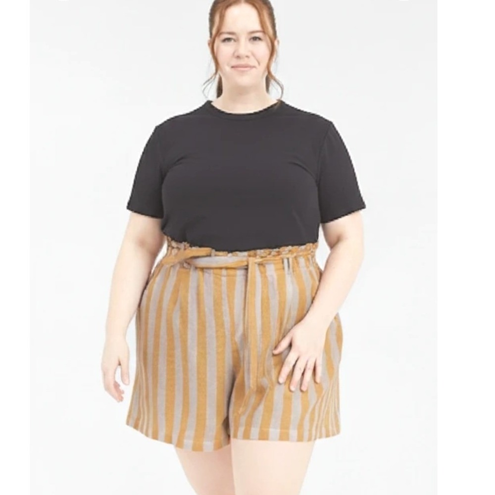 Mustard Yellow White Striped Paperbag Waist Shorts High Rise Plus Size 2X